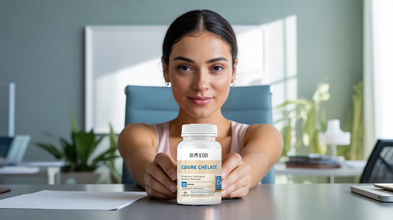 Jeune femme tunisienne présentant un complément cuivre chélaté dans un environnement moderne et lumineux.