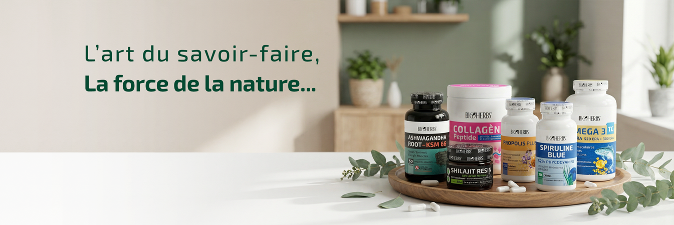 Gamme de compléments alimentaires naturels BioHerbs Tunisie : Ashwagandha, Collagène, Spiruline et Oméga-3 exposés sur un plateau en bois.