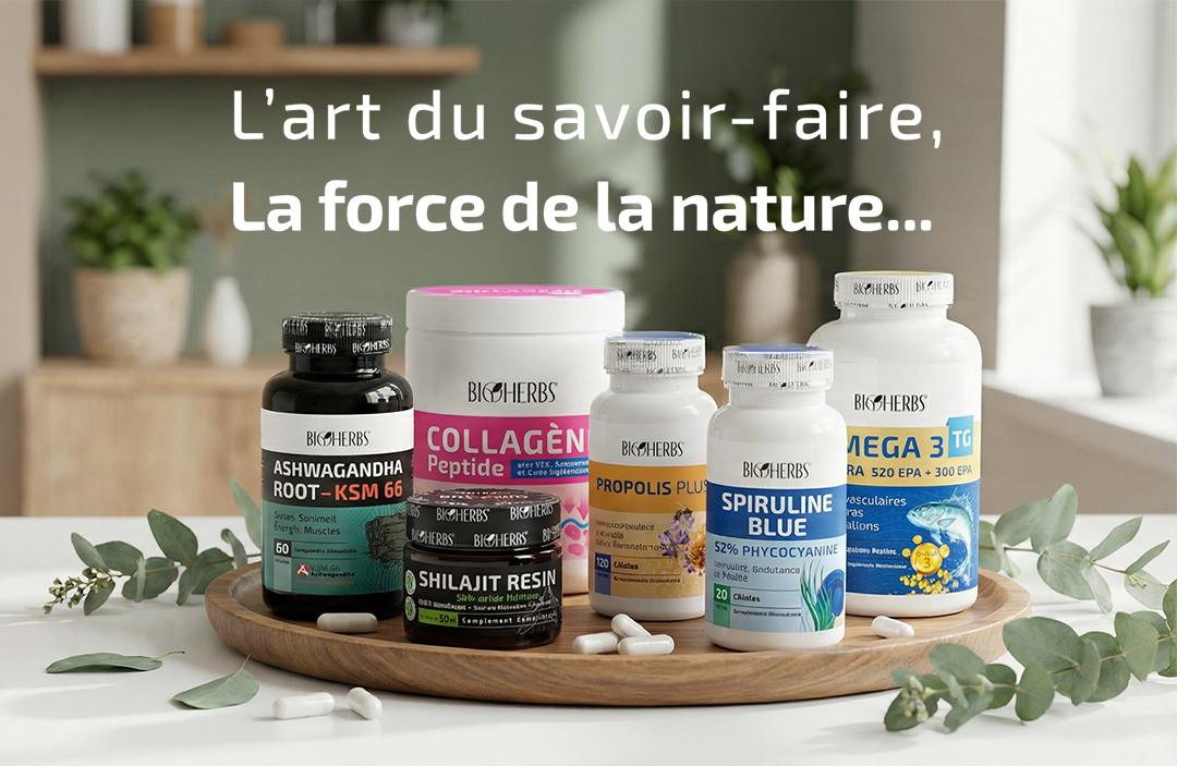 Gamme de compléments alimentaires naturels BioHerbs Tunisie : Ashwagandha, Collagène, Spiruline et Oméga-3 exposés sur un plateau en bois.