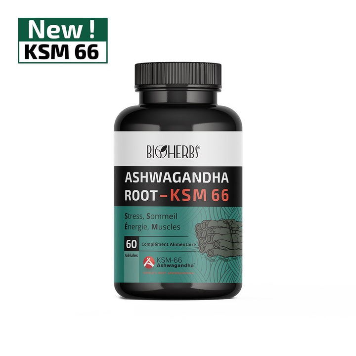Ashwagandha KSM 66 Bio BioHerbs - Boîte de 60 gélules anti-stress naturelles - 450mg extrait racine certifiée - Complément alimentaire Tunisie